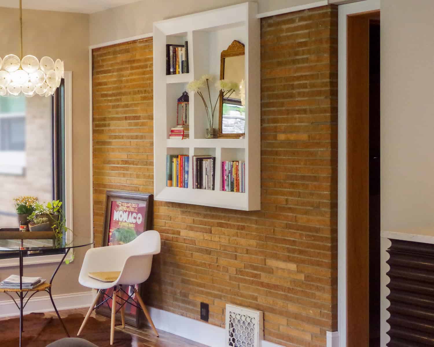 Lemel Homes Additions - Great Room Rebuild - 2 - brick wall with built in bookcase